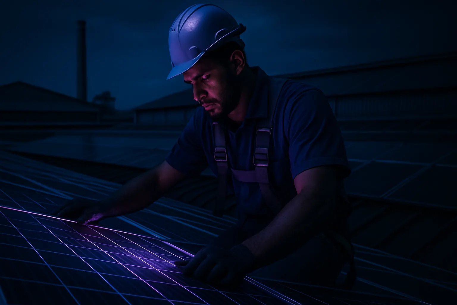 Integrador solar instalando painéis fotovoltaicos em telhado comercial
