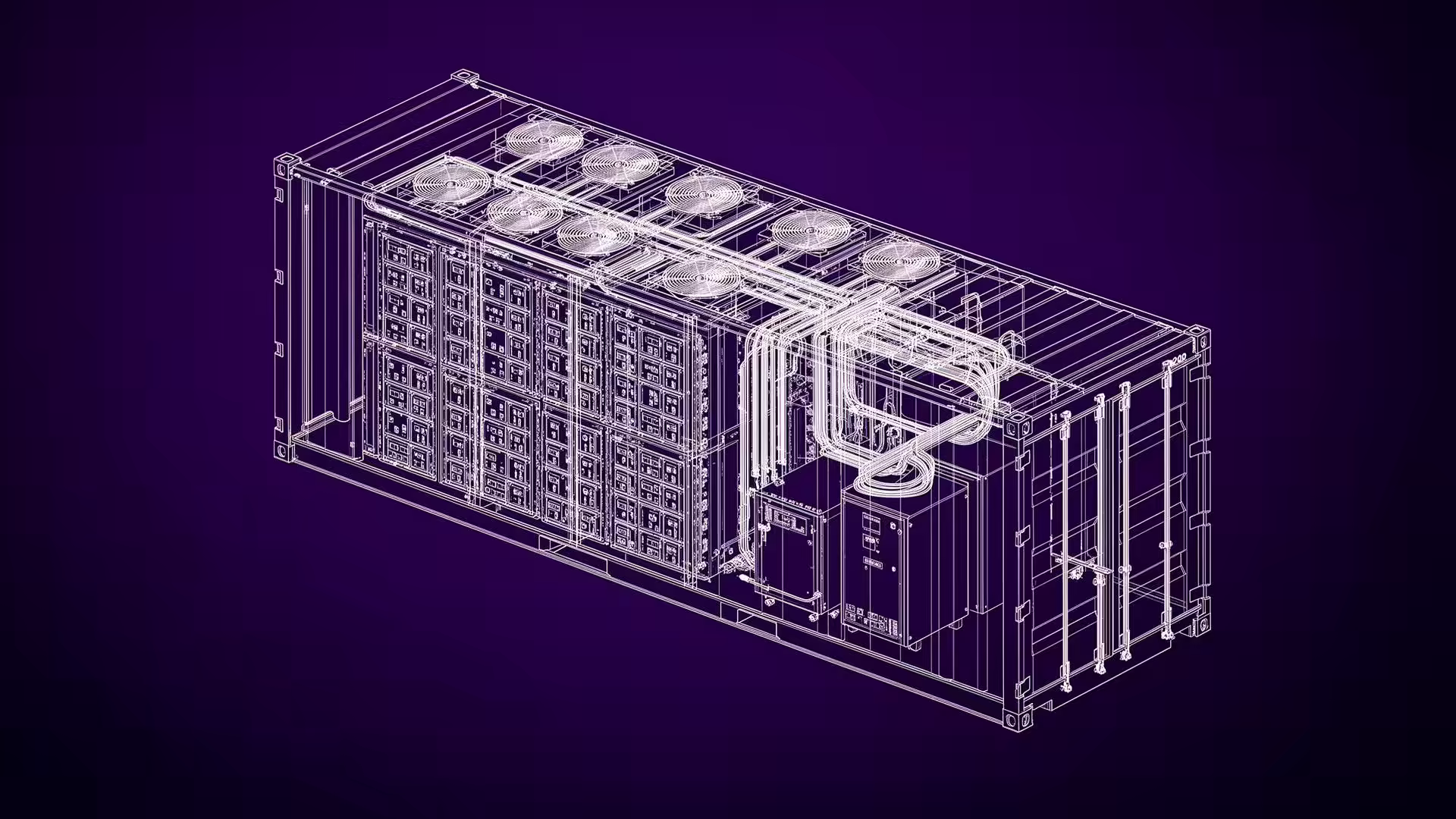 Diagrama industrial isométrico de um container BESS Gauss Mob — racks de baterias LFP, refrigeração líquida, BMS, PCS inversor, switchgear e supressão de incêndio.