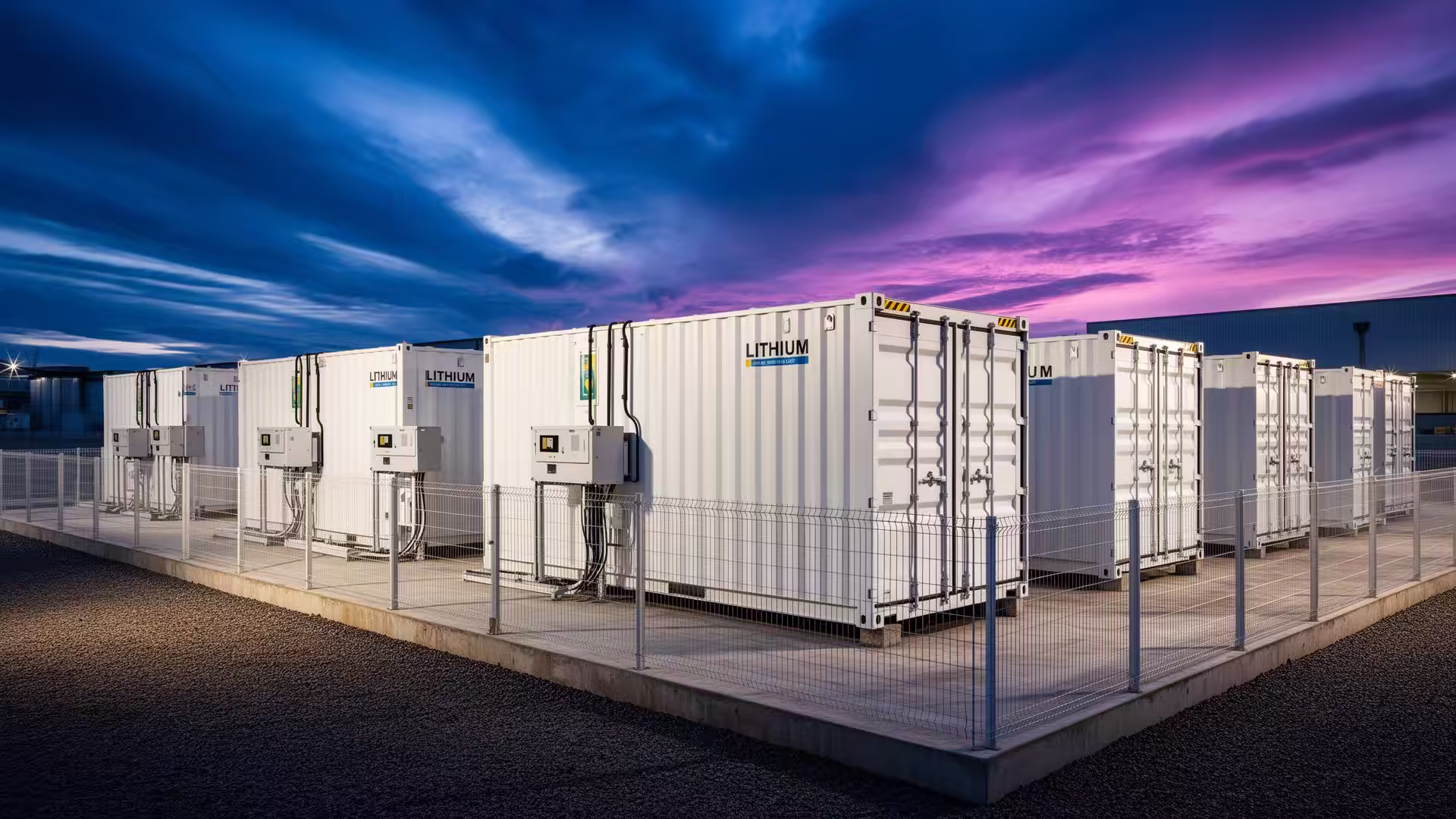 Sistema BESS industrial Gauss Mob instalado em planta brasileira — containers de baterias de lítio LFP com inversores e cercamento de segurança.